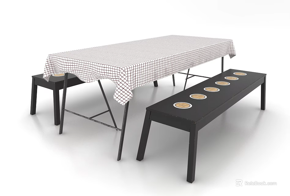 Dining Table Set With Checkered Tablecloth And Black Benches With Round Plates 3d model 