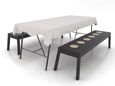 Dining Table Set With Checkered Tablecloth And Black Benches With Round Plates 3d model