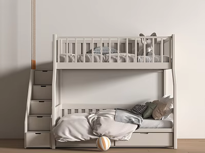 White Bunk Bed with Ladder Storage Drawers and Cozy Bedding for Kids Room 3d model