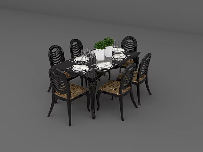 Elegant Black Wood Dining Table Set With 6 Rattan Seats And Green Plant Decor 3d model