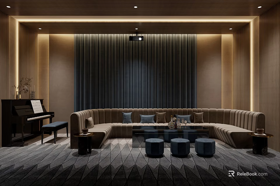 Luxurious Home Theater With Sectional Sofa Piano And Recessed Lighting 3d model 