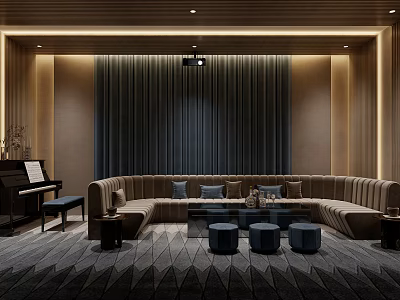 Luxurious Home Theater With Sectional Sofa Piano And Recessed Lighting 3d model