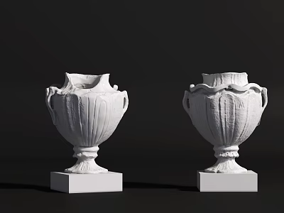 Two White Decorative Vases With Carved Details On Square Bases 3d model