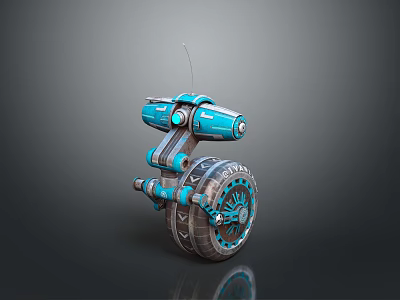 Detailed Blue Mechanical Robot Character With Wheel Antenna And Arm Design 3d model