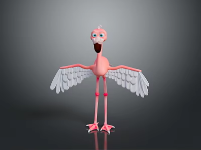 Cute 3D Cartoon Flamingo Standing With Open White Wings And Pink Body 3d model