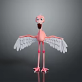 Cute 3D Cartoon Flamingo Standing With Open White Wings And Pink Body