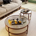 Modern Living Room With Round Coffee Table Wooden Metal Frame Lemon Tray Magazines And Glasses