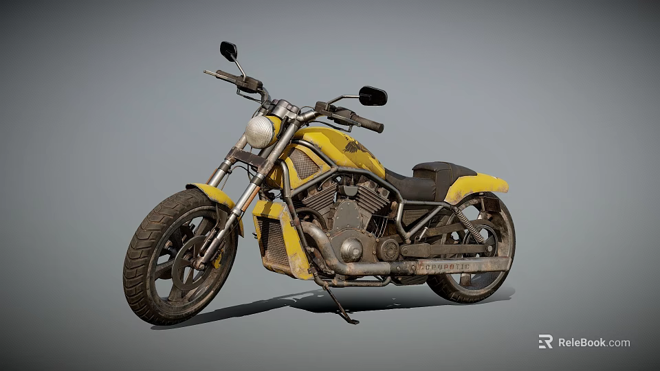 Yellow Vintage Motorcycle With Black Seat Round Headlight And Shiny Metal Body 3d model 