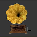 Vintage Gramophone Classic Design with Yellow Horn Black Record and Wooden Base