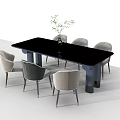 Modern Dining Table Set Featuring Black Tabletop Six Light Gray Chairs And Vase With Plants 3d model