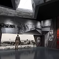 Historical Exhibition Hall Interior With Black White Photos Figure Models And Red Decorations
