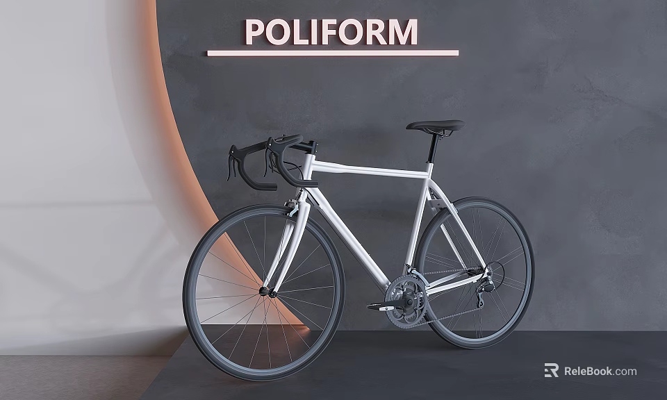 POLIFORM White Road Bike Display in Modern Minimalist Interior with Curved Wall and Warm Lighting 3d model 