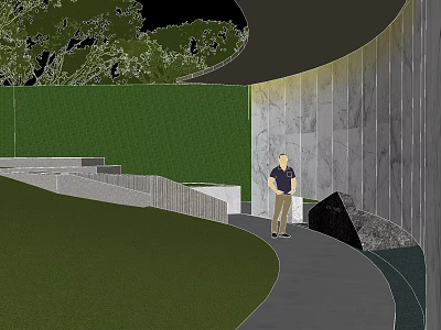 Garden Landscape Design With Curved Pathway Green Lawn Stone Wall And Trees 3d model