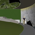 Garden Landscape Design With Curved Pathway Green Lawn Stone Wall And Trees