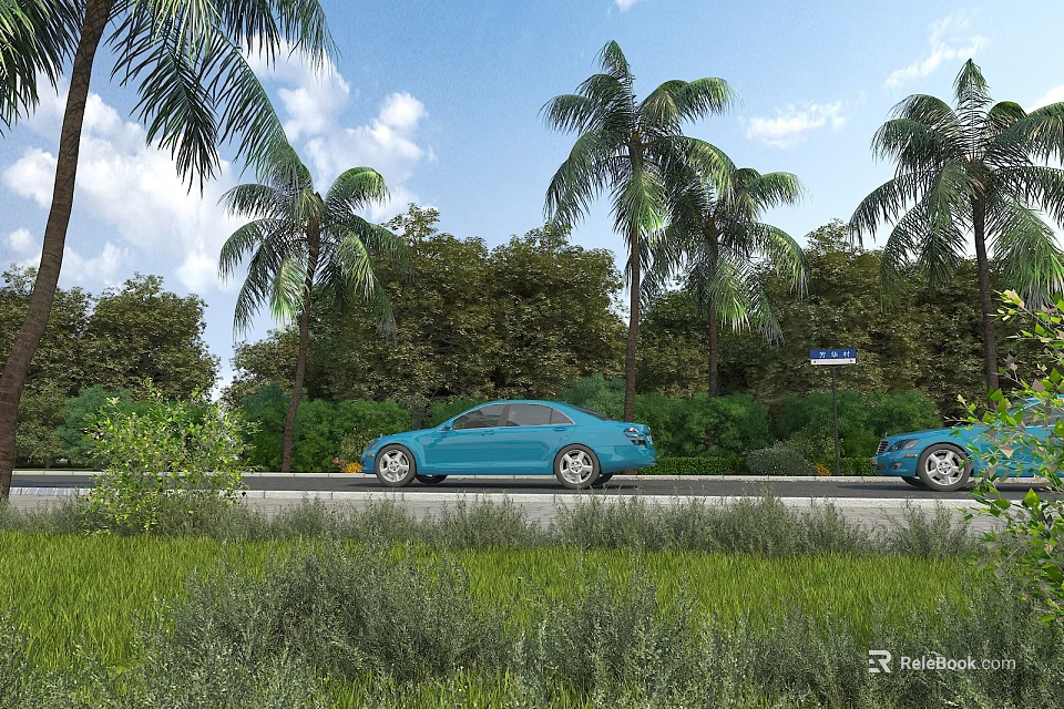 Scenic Road Facilities With Palm Trees Green Vegetation Blue Sign Blue Cars And Blue Sky 3d model 