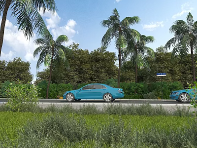 Scenic Road Facilities With Palm Trees Green Vegetation Blue Sign Blue Cars And Blue Sky 3d model