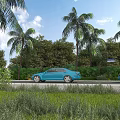 Scenic Road Facilities With Palm Trees Green Vegetation Blue Sign Blue Cars And Blue Sky