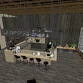 Modern Restaurant Interior With Wooden Accents Pendant Chandeliers Open Space And Outdoor Green Umbrellas