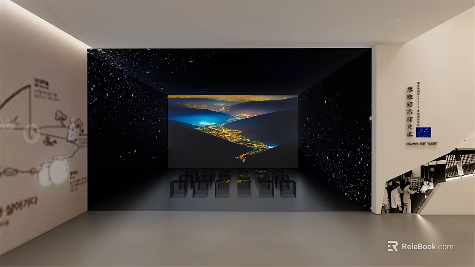 Starry Sky Themed Exhibition Space With Large Projection Screen And Seating Chairs 3d model 