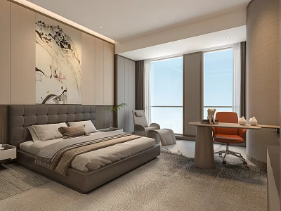 Elegant Hotel Room Interior With Gray Headboard Wall Art Large Windows And Orange Chair 3d model