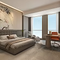 Elegant Hotel Room Interior With Gray Headboard Wall Art Large Windows And Orange Chair
