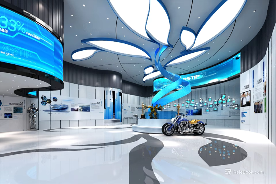 Modern Exhibition Hall Interior With Blue Sculptural Lighting Displayed Motorcycle And Display Walls 3d model 