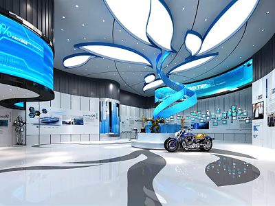 Modern Exhibition Hall Interior With Blue Sculptural Lighting Displayed Motorcycle And Display Walls 3d model