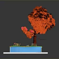 Bird Flying Near Water Surface Catching Fish By Red Tree With Green Grass And Tulips