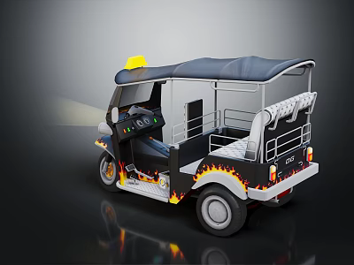 Three Wheeled Auto Rickshaw With Yellow Warning Light Black Roof And Flame Side Patterns 3d model