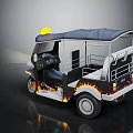 Three Wheeled Auto Rickshaw With Yellow Warning Light Black Roof And Flame Side Patterns