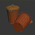 Orange Trash Bins One Standing and One Tipped Over on Dark Surface 3d model
