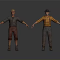 Two Men 3D Models With Different Hats Shirts And Pants On Gray Background