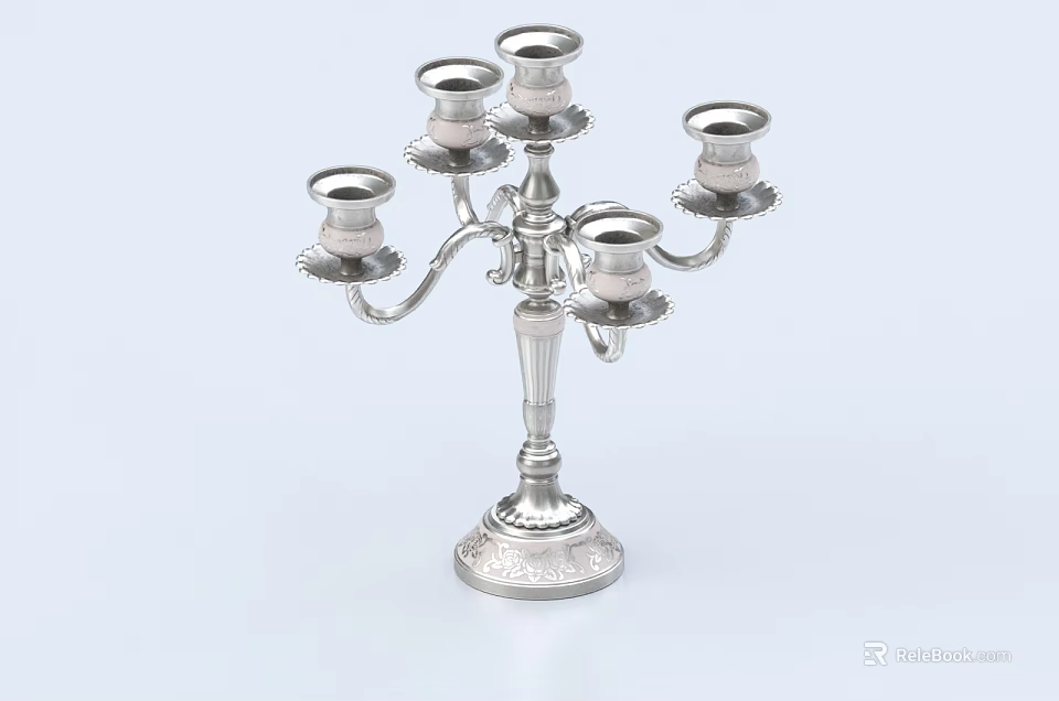 Elegant Silver Five Armed Candelabra With Ornate Base And Decorative Candle Holders 3d model 