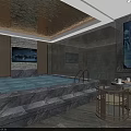 Luxury SPA Sauna Interior With Stone Decor Large Pool Ambient Lighting And Rest Seating