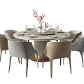 Round Dining Table Set with Marble Tabletop Light Gray Beige Chairs and Vase Decoration 3d model