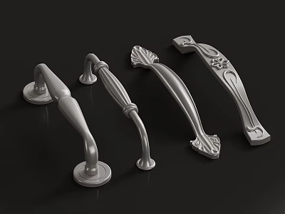 Silver Metal Cabinet Handles With Various Ornate And Simple Designs 3d model
