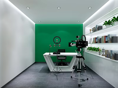 Modern Meeting Room Interior With Green Backdrop White Table Camera And Shelved Plants Books 3d model