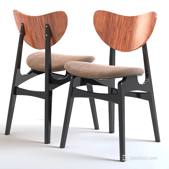 Stylish Single Chair With Round Wooden Backrest Beige Cushion And Black Legs 3d model 