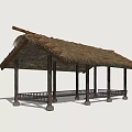 Traditional Thatched Roof Pavilion With Wooden Columns And Ornate Railing