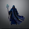 Hooded Man In Blue Robe Holding Glowing Staff With Intricate Patterns