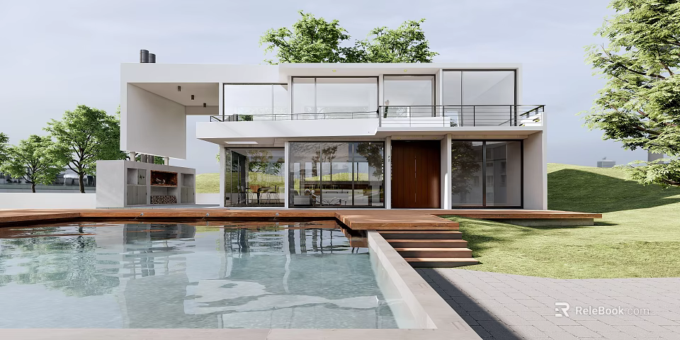 Modern Detached Villa with Swimming Pool Glass Windows and Wooden Terrace in Green Lawn 3d model 