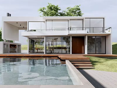 Modern Detached Villa with Swimming Pool Glass Windows and Wooden Terrace in Green Lawn 3d model