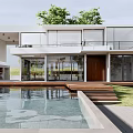 Modern Detached Villa with Swimming Pool Glass Windows and Wooden Terrace in Green Lawn