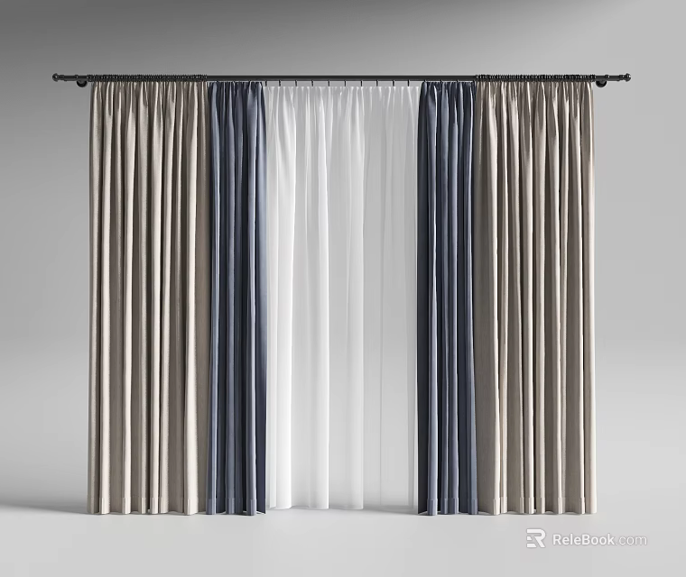 Modern Curtains Design with Beige Blue and White Layers for Home Window Decoration 3d model 