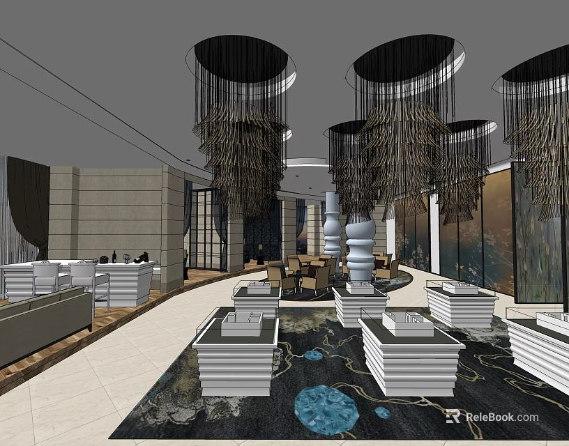 Elegant Hotel Public Lounge Interior With Chandeliers Sofas And Decorative Carpets 3d model 