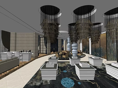 Elegant Hotel Public Lounge Interior With Chandeliers Sofas And Decorative Carpets 3d model