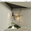 Japanese Zen Indoor Landscape With Calligraphy Wall Dried Branch Stones Moss Lighting And Pebble Floor