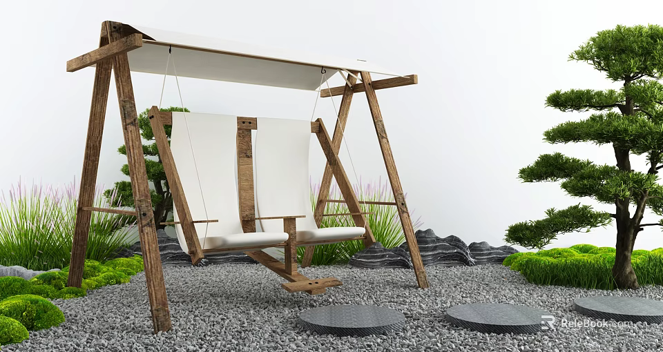 Wooden Hanging Chair with Canopy in Garden with Greenery and Pebbles 3d model 
