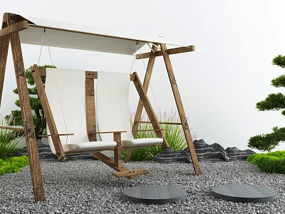 Wooden Hanging Chair with Canopy in Garden with Greenery and Pebbles 3d model
