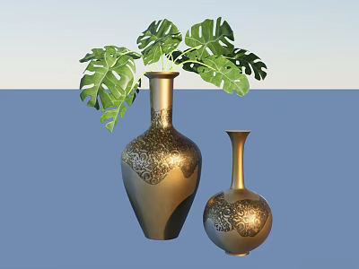 Green Monstera Leaves Arranged In Golden Vases With Ornate Patterns 3d model